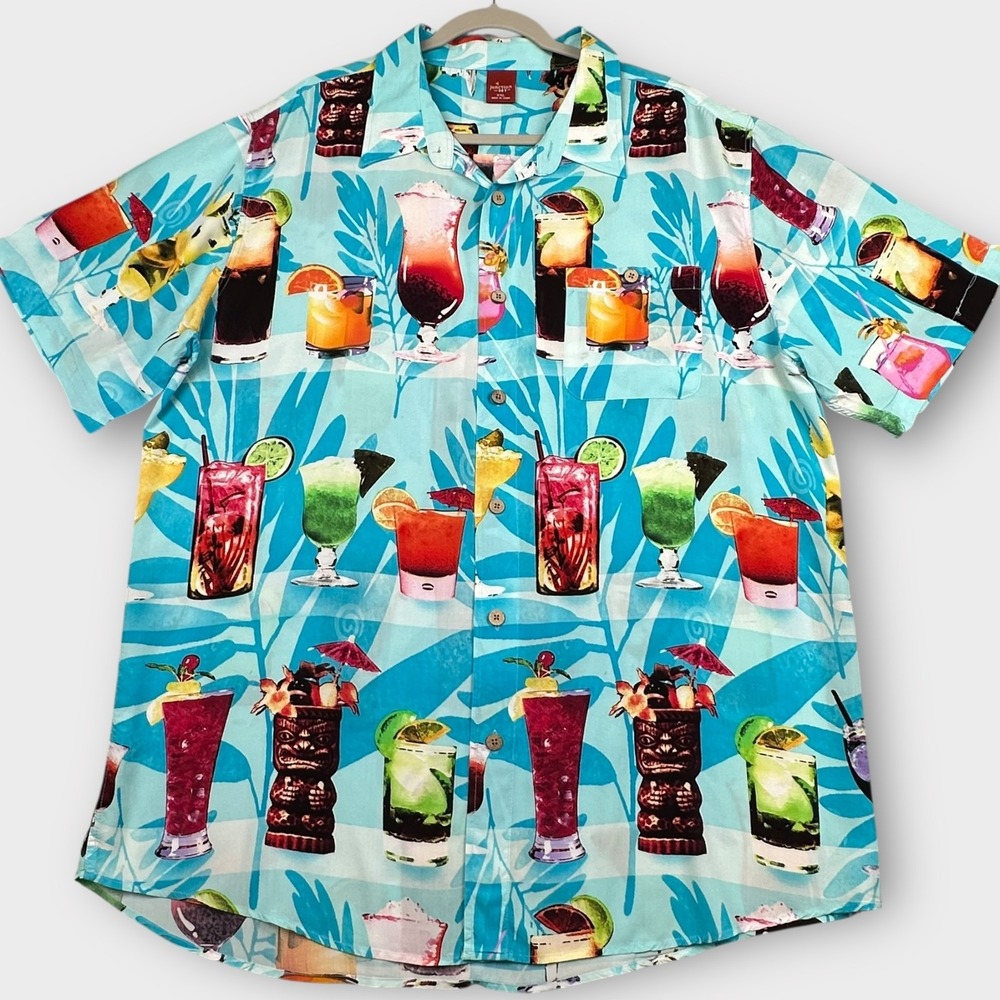 Junction West Hawaiian Shirt Mens 2XL Cocktail Drink Tiki Rayon‎ Novelty Party